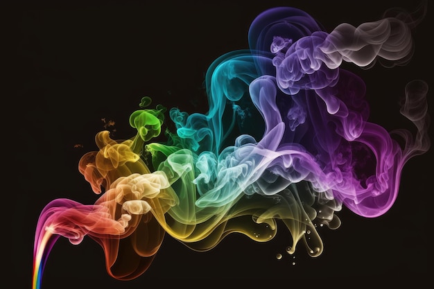 Abstract rainbow and black smoky gas or smoke volumetric on dark background digital illustration