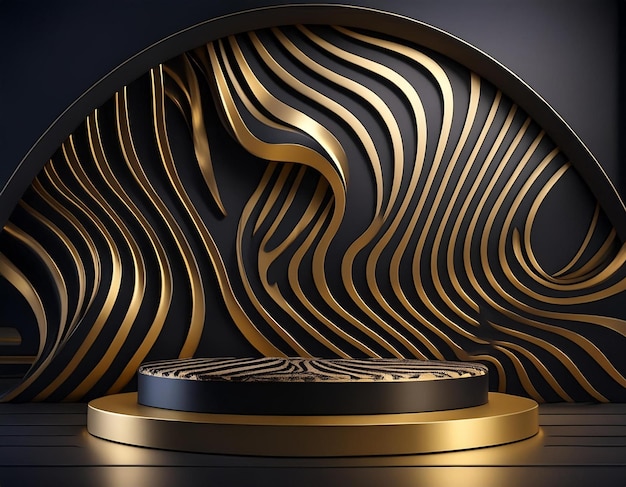 Abstract Realistic 3D Render Circle Podium in Black Gold Art D