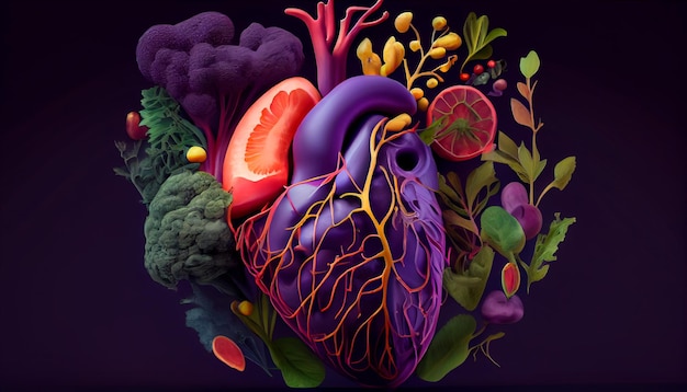 Abstract realistic illustrated human heart made of fresh vegetables plants and fruits isolated on a dark purple background Generative AI