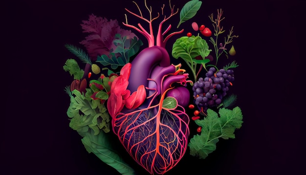 Abstract realistic illustrated human heart made of fresh vegetables plants and fruits isolated on a dark purple background Generative AI