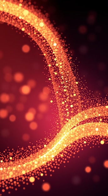 Abstract red background with a golden sparkly wavy line and bokeh lights