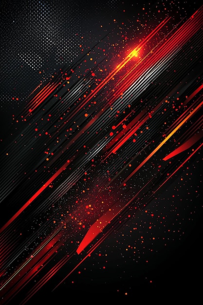 Abstract Red and Black Background with Diagonal Lines and Glowing Particles