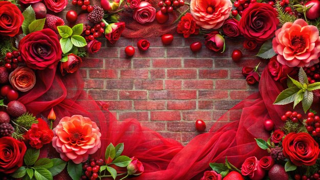 Photo abstract red flowers background and pink flower frame bright color red petals leaves texture background red tulle fabric crimson scarlet ruby apple jam strawberry blood garnet