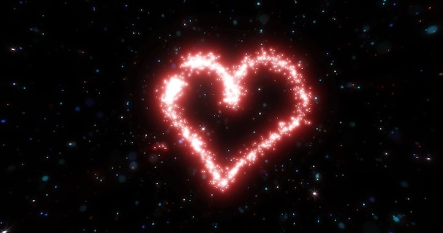 Photo abstract red love heart made of small bright glowing particles of energy festive backgroun