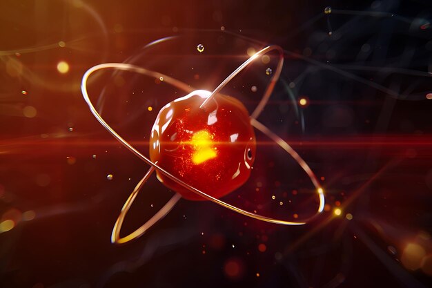 Abstract Red Sphere with Orbiting Rings and Glowing Lights