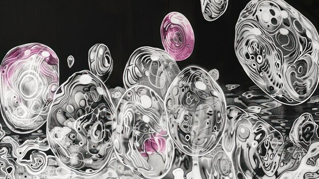 Photo abstract representation of bubbles with intricate patterns and colors on a dark background