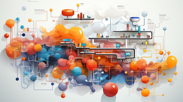 Abstract representation of complex network with colorful data visualization elements Graphs charts a