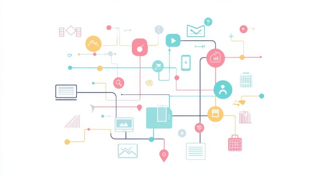 Abstract representation of digital connections with icons and lines illustrating technology and data flow in a modern workspace