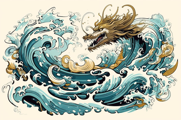 An abstract representation of a mythical sea serpent with waves and swirls suggesting its underwate