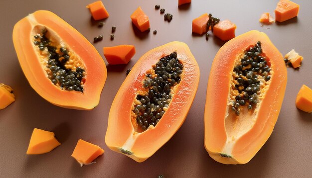 Abstract representation of papaya pieces cut and floating freely utilizing negative space