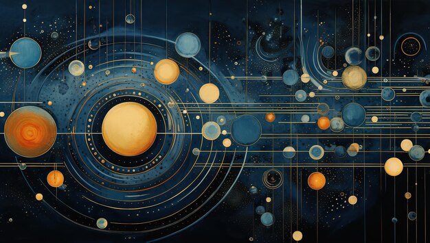 An abstract representation of the solar system with various planets and orbits Abstract background