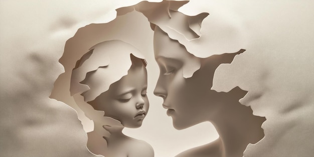 Abstract representation of a woman and child reflecting themes of motherhood and loss