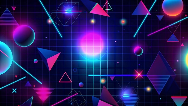 Photo abstract retro futuristic background with glowing neon shapes and grid