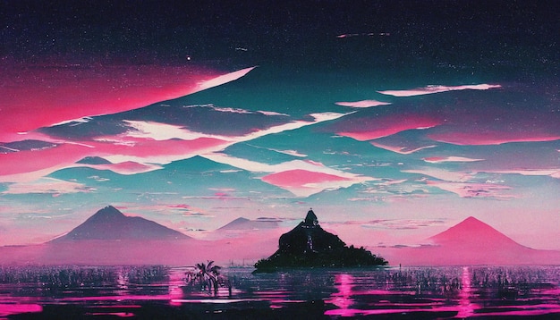 Abstract Retro futuristic scifi synthwave landscape in space with stars Vaporwave stylized 3D illustration for EDM music Ai render