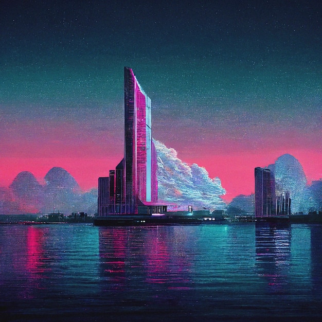 Abstract Retro futuristic scifi synthwave landscape in space with stars Vaporwave stylized 3D illustration for EDM music Ai render