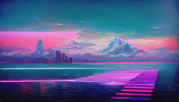 Abstract Retro futuristic scifi synthwave landscape in space with stars Vaporwave stylized 3D illustration for EDM music Ai render