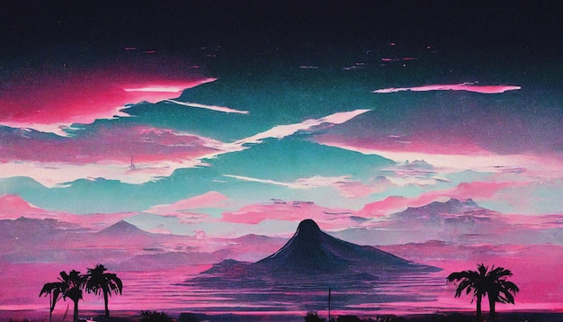 Abstract Retro futuristic scifi synthwave landscape in space with stars Vaporwave stylized 3D illustration for EDM music Ai render