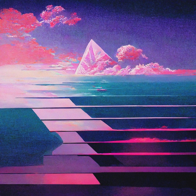 Abstract Retro futuristic scifi synthwave landscape in space with stars Vaporwave stylized 3D illustration for EDM music Ai render