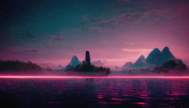 Abstract Retro futuristic scifi synthwave landscape in space with stars Vaporwave stylized 3D illustration for EDM music Ai render