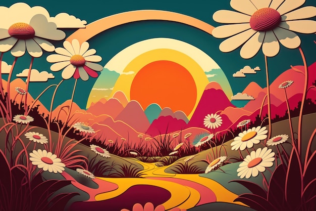 Abstract retro psychedelic fancy landscape with vibrant color fields daisy flowers and sun