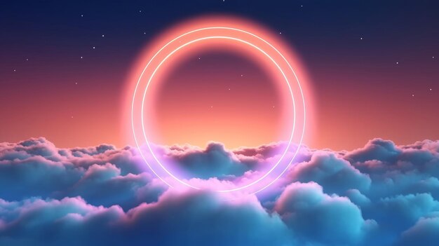 Abstract ring illuminated by neon light on a colorful background with clouds Generative AI