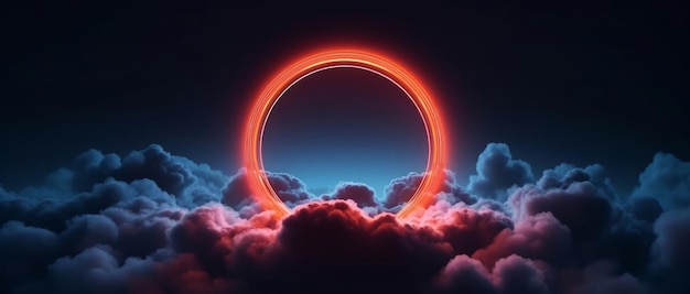 Abstract ring illuminated by neon light on a colorful background with clouds Generative AI