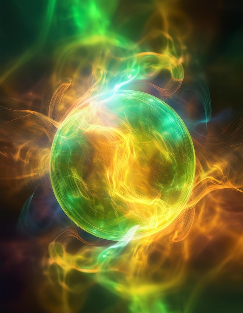 Photo abstract round magical energy sphere glowing electric ball in neon green yellow clouds of smoke