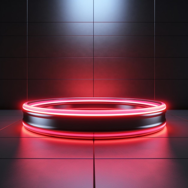 Abstract round podium illuminated with red neon lights Mock up 3D Rendering