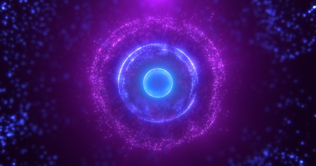 Photo abstract round purple sphere glowing energy magic molecule with atoms from particles and dots