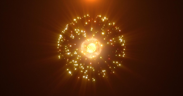 Abstract round yellow sphere glowing energy magic molecule with atoms from particles and dots cosmic