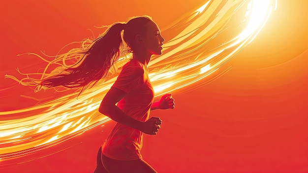 Photo abstract runner woman with golden light curve and red background running background with fire effec