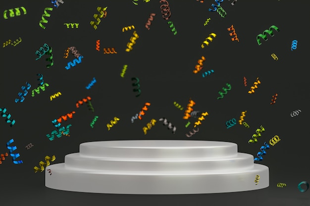 Abstract scene black background 3d rendering with white podium, confetti and multicolor ribbons for festival