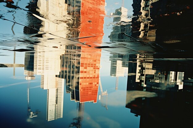 Abstract scene capturing reflections of cityscapes in water creating a visually striking and mirror