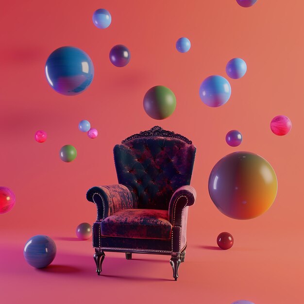 Photo abstract scene of a velvet chair with gradient colored shadows