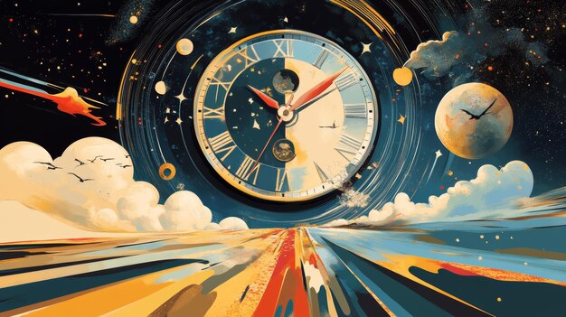 abstract scene with a clock in the sky and meteorite in the background