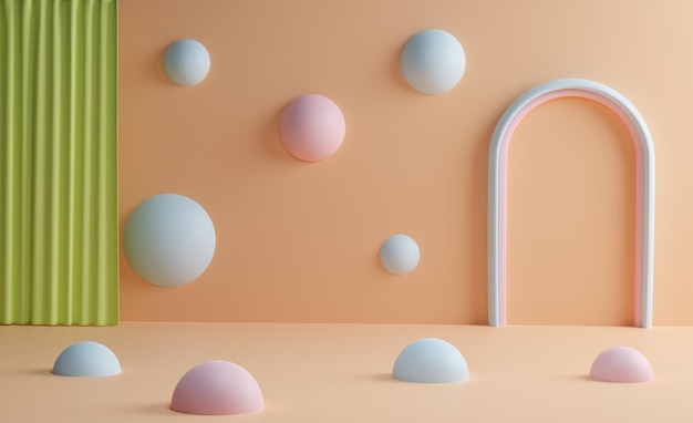 Abstract scene with curtain and blue spheres on  against a sand-colored background. 3d render.  Modern template for promotion, presentation in pastel colors