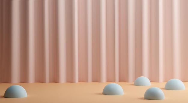 Abstract scene with curtain and blue spheres on a sandy background. 3d render.  Modern template for promotion, presentation in pastel colors