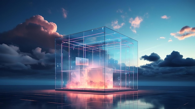 Abstract scene with glass cube and clouds on blue sky reflected in water