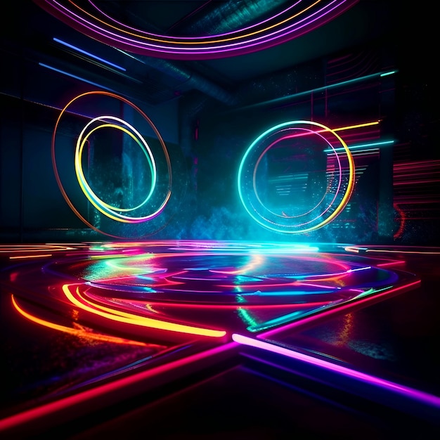 Abstract scene with neon lights and reflections on the floor 3d illustration