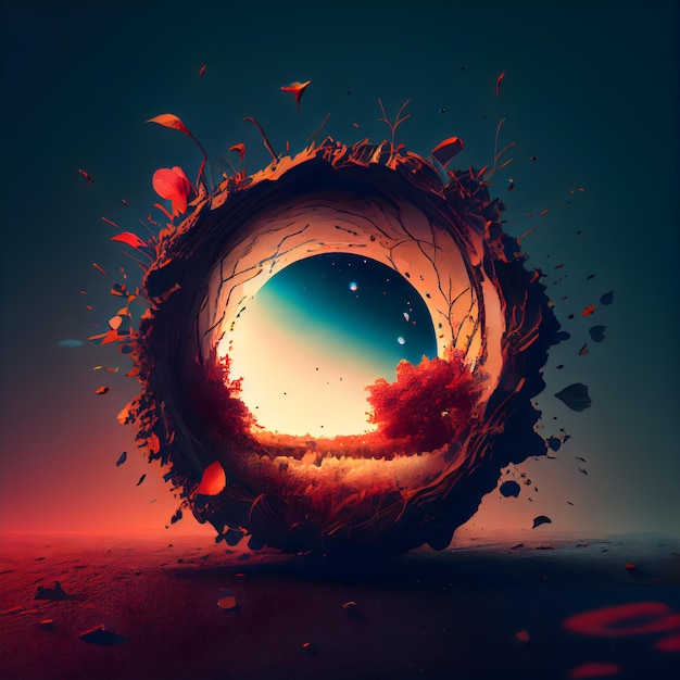 Abstract scene with planet in the form of a circle 3d rendering