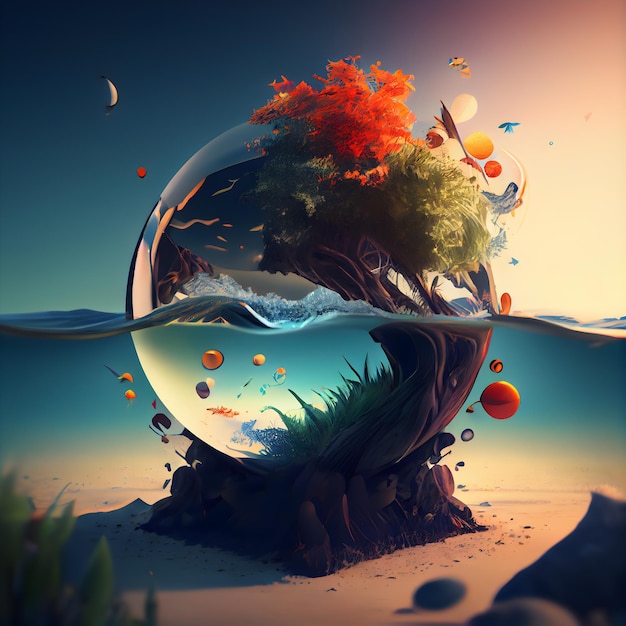 Abstract scene with a planet in the water 3d render