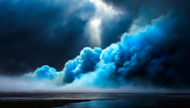 Abstract scenery with electric blue smoke on dark background Fog and clouds Dramatic scene