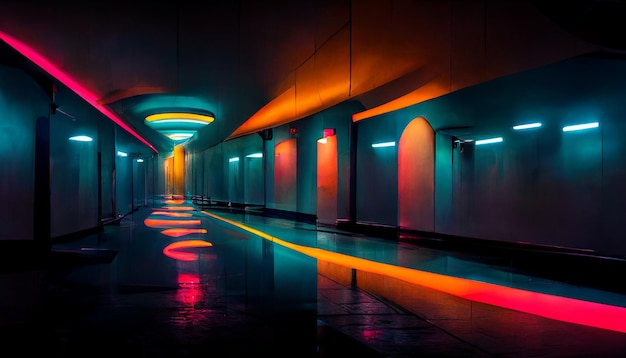 Abstract sci fi futuristic hallway dark room in space station with glowing neon lights background