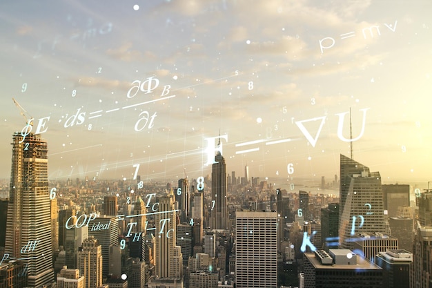 Abstract scientific formula hologram on New York city skyline background Multiexposure