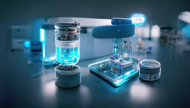 Abstract scientific medical interior blurred background Blue light Medical research concept Ai render