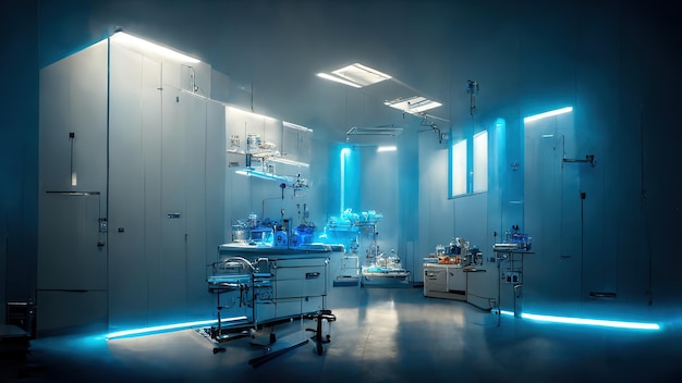 Abstract scientific medical interior blurred background Blue light Medical research concept Ai render