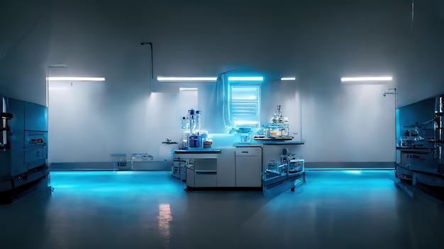 Abstract scientific medical interior blurred background Blue light Medical research concept Ai render