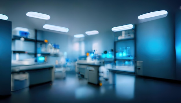 Abstract scientific medical interior blurred background Blue light Medical research concept Ai render