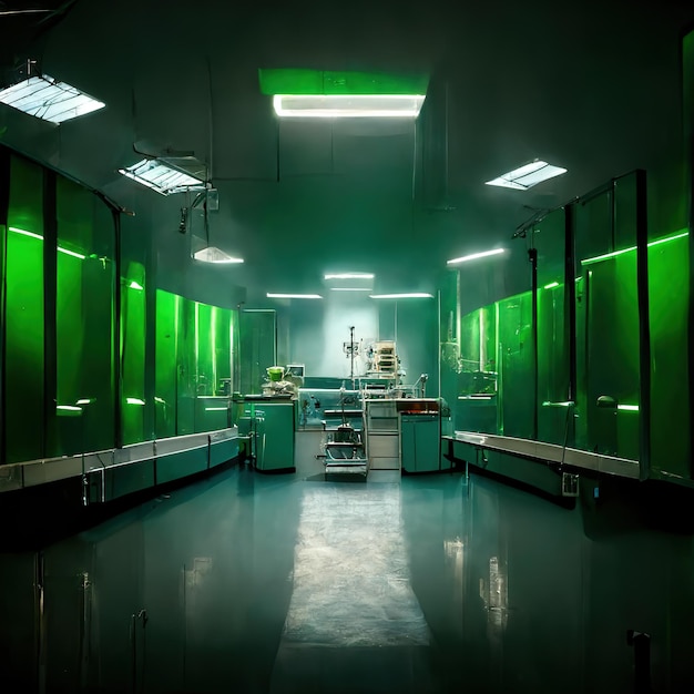 Abstract scientific medical interior blurred background Green light Medical research concept Ai render