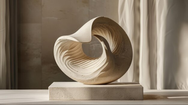 Photo an abstract sculpture made of beige marble sits on a beige marble pedestal against a beige backgroun